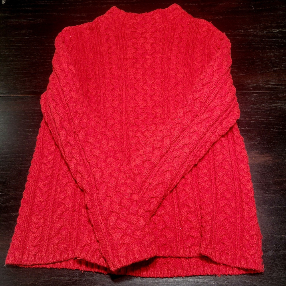 Lands End L Red Chunky Cable Knit Fisherman Pullover Sweater Cotton Blend